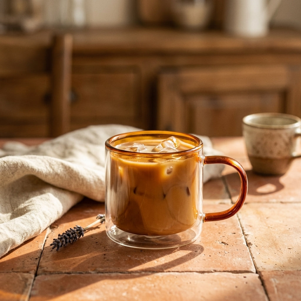 Mirage™ Glass Mug — Warm Amber (lifestyle warm)