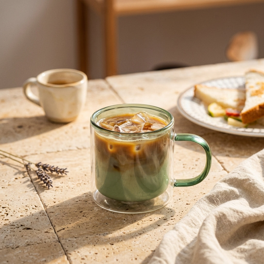Mirage™ Glass Mug — Sage Green (lifestyle warm)
